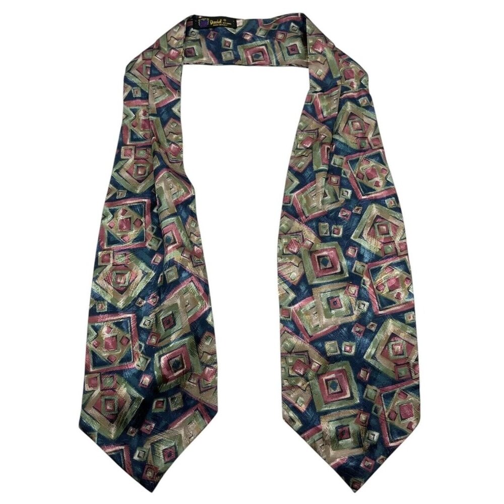DANIEL Men's Polyester Silk Ascot Cravat LUXURY Blue Green Geometric EUC